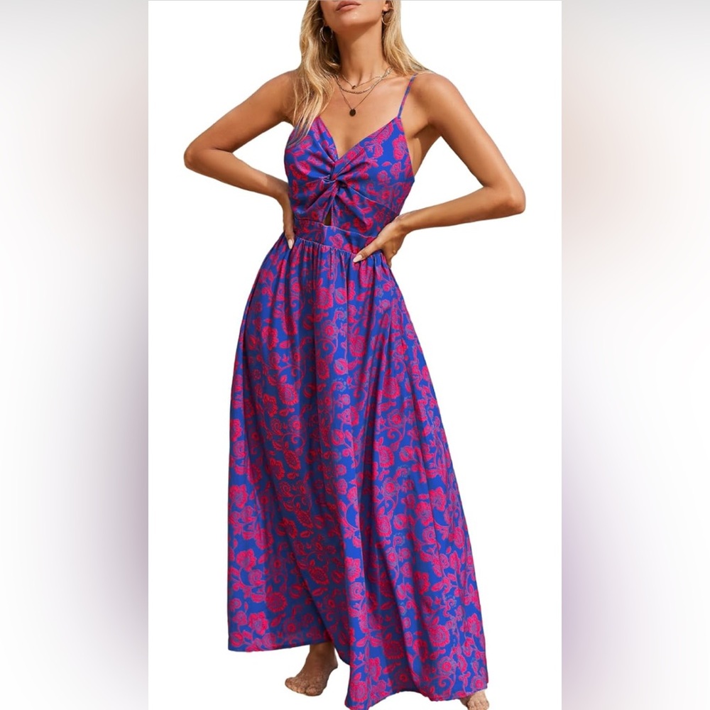 NWOT- CUPSHE Women's Maxi Dress Floral Print Twisted V Neck Blue Floral- Size L